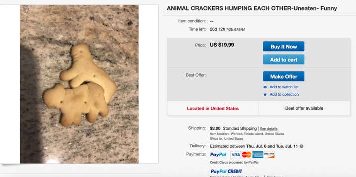 "Offering a new uneaten animal crackers humping each other. Found inside the bag of animal crackers. So funny and bizarre! Ask questions!"