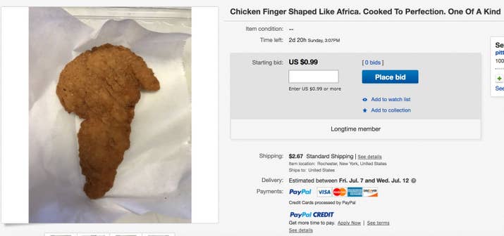"This one of a kind chicken tender is Shaped like the beautiful continent Africa. Cooked to perfection and frozen. . Own a piece of chicken finger history. . Don't be chicken... Bid with confidence"