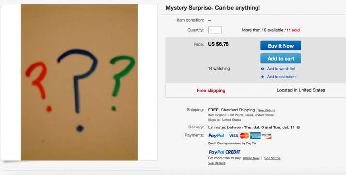 "Love a good surprise or want to send one to someone? Buy it now for a mystery parcel in your mailbox! Can be absolutely anything!"