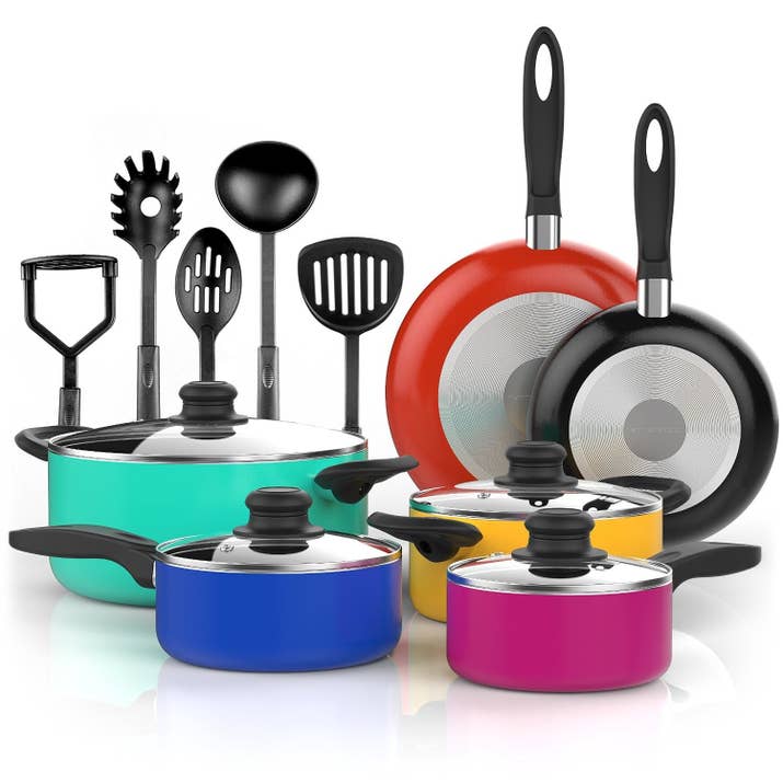 The pots are oven-safe and made from PTFE- and PFOA-free aluminum. Includes five sauce pans and glass lids, two frying pans, and five cooking utensils.Promising Review: “These pots are very pretty, heavy, and large. I love the shape at the top because it helps prevent water boiling over them!” —Diane Harding Get the15-piece set from Amazon for $42.99 (also available in black).