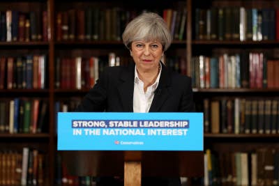 Theresa May speaks at RUSI as she resumes the Conservative party election campaign on 5 June.