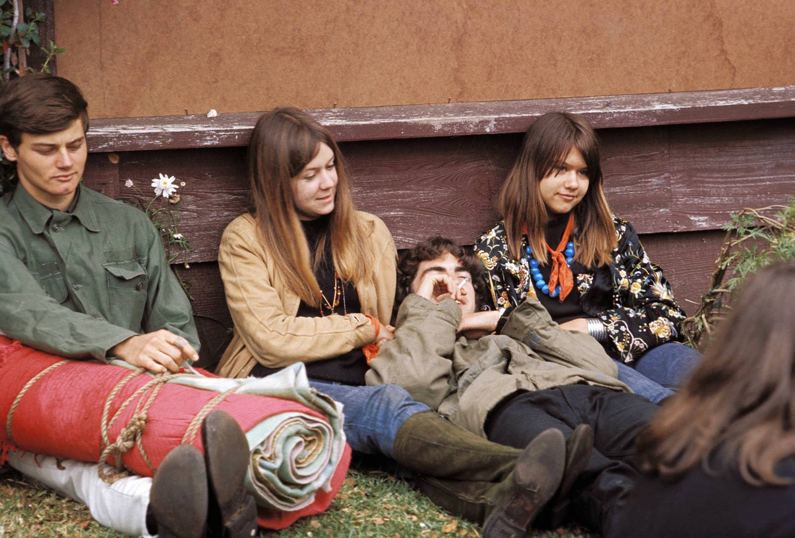 A group of hippies hang out during the Monterey Pop Festival.