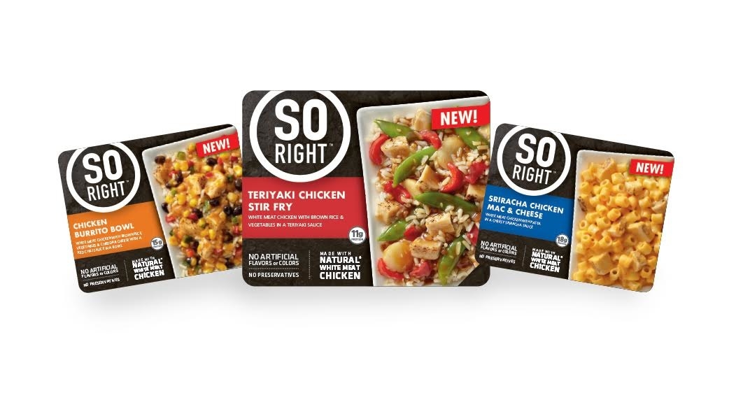 SO RIGHT™ offers a collection of single-serve frozen meals that combine real ingredients and full flavors. Featuring fresh-tasting, quality ingredients, such as 100% natural white meat chicken, roasted vegetables, whole grains, and brown rice, SO RIGHT meals are also free of trans fats, high fructose corn syrup, and artificial flavors or colors. SO RIGHT comes in 12 flavor combinations, including Sriracha Chicken Mac & Cheese, Szechuan Style Kung Pao Chicken, and Chicken Burrito Bowl.