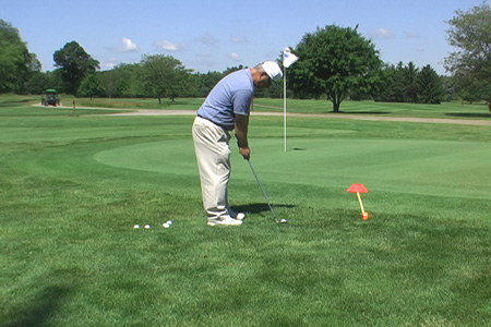 A shot that features a rather shallow flight with a roll out onto the green. The “chip” is usually struck with a wedge and a slight backspin.