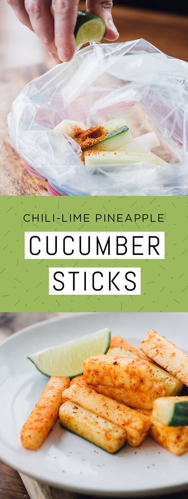 Ingredients: 5 jicama spears; 5 pineapple spears; 5 cucumber spears; 1 teaspoon chili lime seasoning; 1 lime wedge.To make: Toss cut jicama, pineapple, and cucumber with chili lime seasoning in ziplock bag, and finish with a squirt of fresh lime.