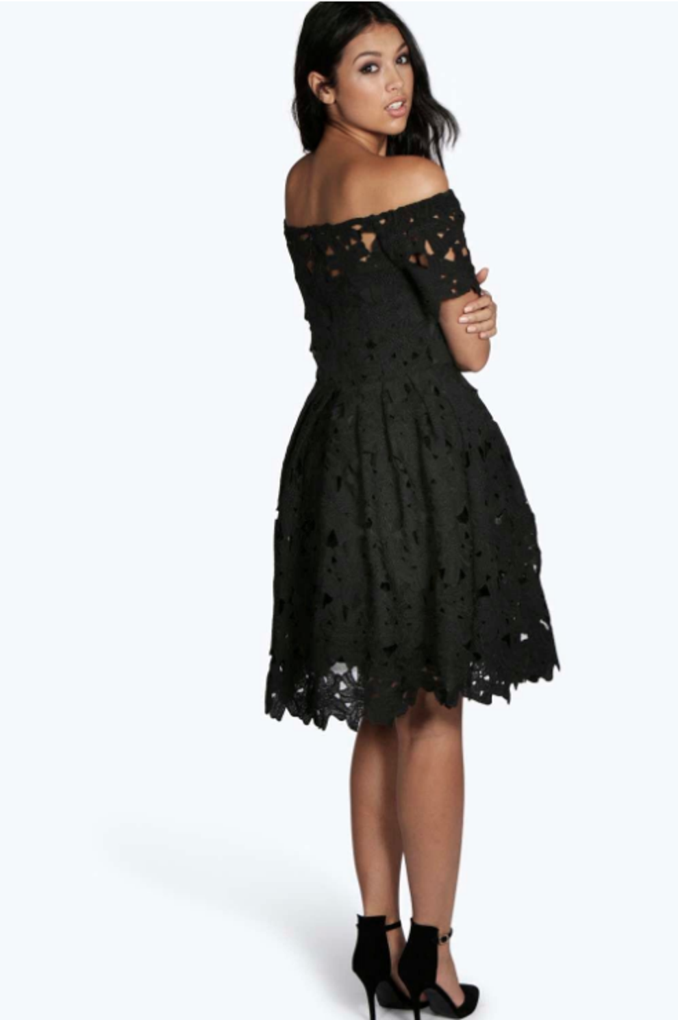knee length dresses for ladies Off the Shoulder Navy Sequin Lace Skater Dress – Skirt & Stiletto