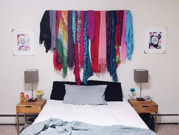 "When living in a small space, consider multifunctional decor. For example, I needed a way to store my scarf collection, but I had limited closet space and was also looking for decor to go above our bed... boom: scarf rack!" —lanni