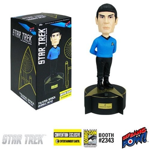 You may think that a talking Spock bobble head would be highly illogical, but Bif Bang Pow! & Entertainment Earth beg to differ. Standing at 6 1/4th inches tall, you can hear Leonard Nimoy speak six classic phrases from Star Trek: The Original Series with this exclusive Spock bobble head. These are limited edition and individually numbered, so be quick trekkies! Available at Entertainment Earth’s SDCC booth #2343 and on their website (shipping after SDCC).