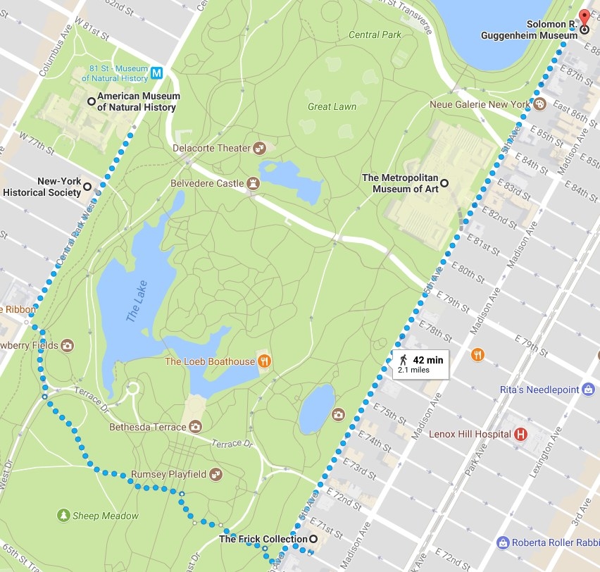 The Guggenheim, the Met, the Frick, the Museum of Natural History, and the New York Historical Society are all uptown. Some combination of those could be done fairly easily on foot. If you're in midtown, go to the MoMa. If you're downtown, go check out the Whitney in Meatpacking or the Tenement Museum on the Lower East Side. If you're in Brooklyn, they've got the Brooklyn Museum or the New York Transit Museum. In Queens, there's the Queens Museum and the Museum of the Moving Image. So many options!