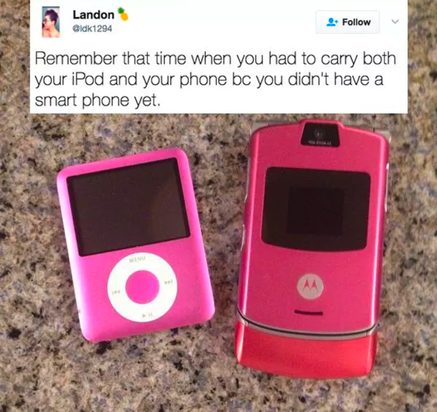 A photo of a pink iPod nano and a pink Razr flip phone