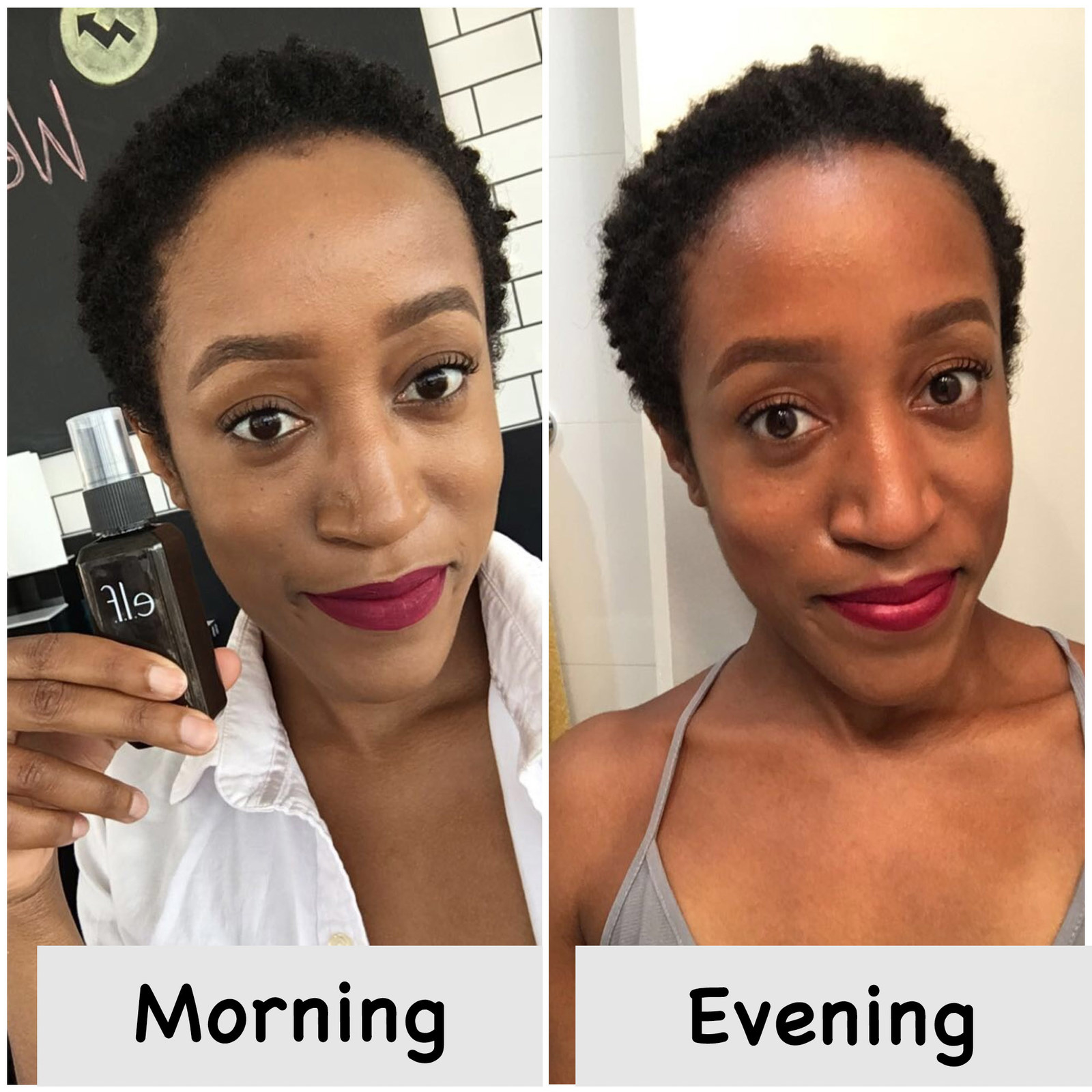 A morning and evening comparison of a person&#x27;s face after using the setting spray