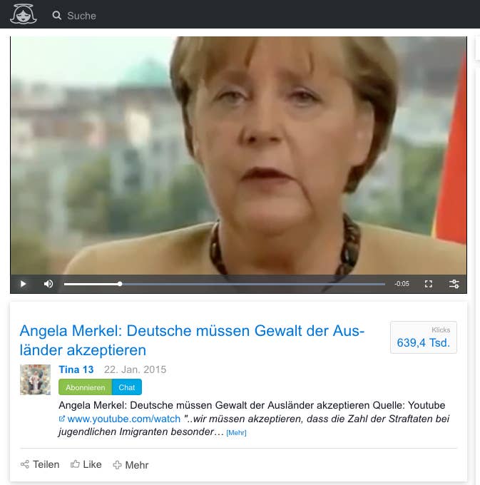 Since its publication in January 2015, the clip has generated 639,400 clicks, according to a traffic counter on the page. The video title says, "Angela Merkel: Germans have to accept foreigners' violence."