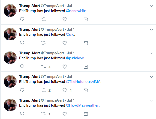 For example, here the bot shows us Eric Trump's July 1 dive down an MMA and professional boxing rabbit hole: