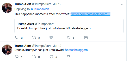 The bot also catches some great Twitter beef that might have fallen off the radar. Including Don Jr. unfollowing comedian Natasha Leggero after she tweeted mocking a photo President Trump and Ivanka.