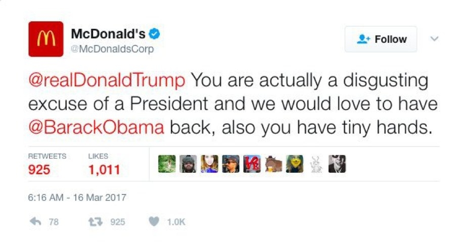 One of the most popular fast-food chains in the world seemingly sent out a tweet announcing that Donald Trump was “disgusting” and had “tiny hands”. It took them a good 30 minutes to delete the tweet, as it gained thousands of retweets and likes. Once they noticed, McDonalds claimed that it was a hacker.