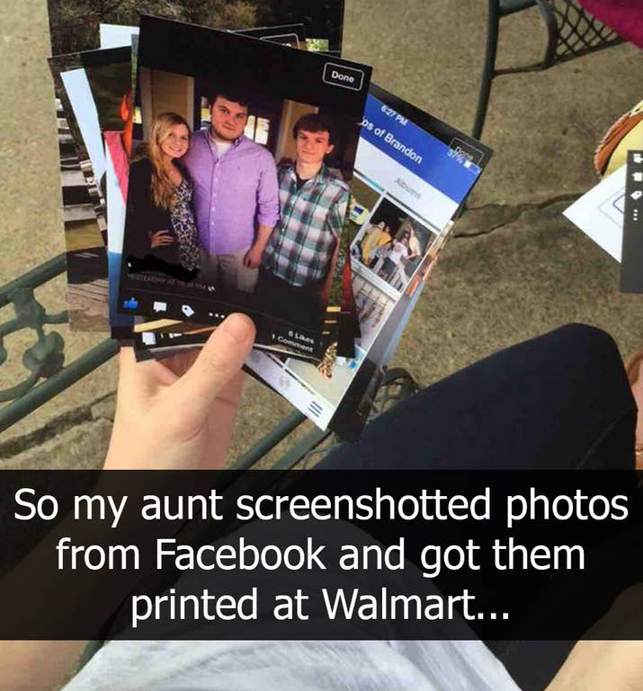 "Minha tia deu print em fotos do Facebook e as imprimiu no supermercado."