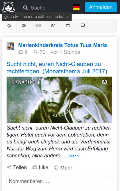In 2013, news site Die Zeit called Gloria.tv aggressive and right-wing after it showed German liberal priests, who supported the morning-after pill, with swastikas. The website itself was founded by Roman Catholic priest Reto Nay from Switzerland. However, since 2014 his name is no longer associated with the website. It's not clear who runs it now, but the Gloria.tv servers are registered in Moldova, and have a contact address in Moscow.