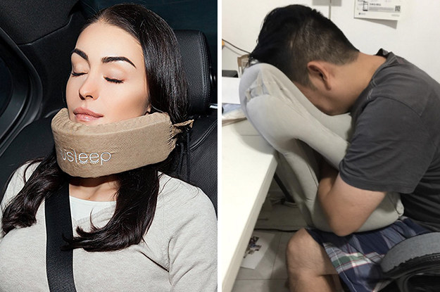 Head hammock' neck pillow helps you sleep on a plane