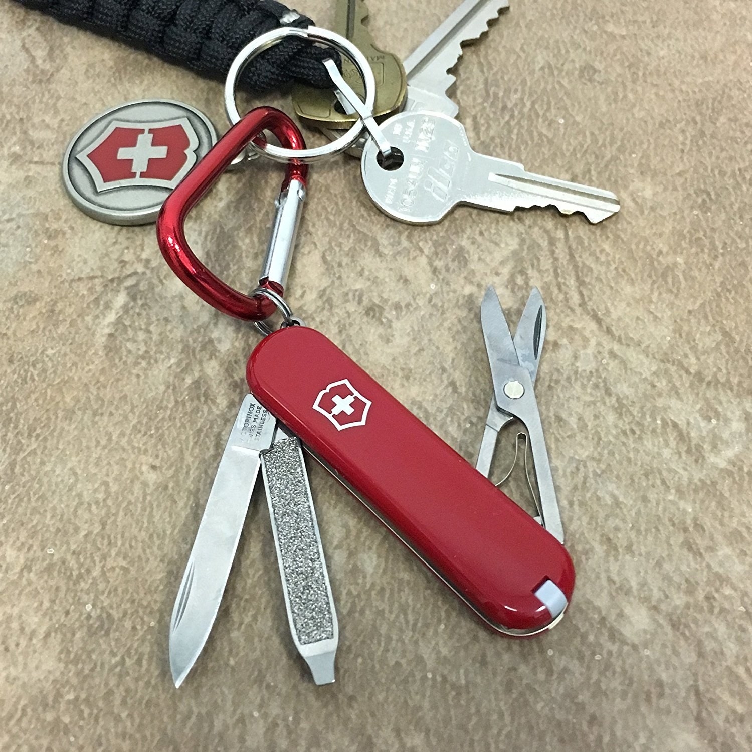 The red swiss army knife showing the various tools