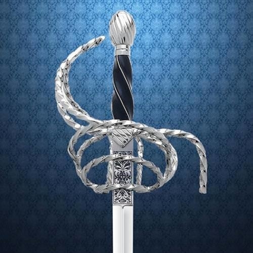 This stunning rapier is expertly crafted and features a beautiful twisted metal basket. The hand wound carved horn grip hand exhibits a single steel accent wire that offers excellent grip while fighting. The high carbon steel blade is hand forged with a flattened oval cross section. Additionally, there is a custom engraved ricasso for strength.