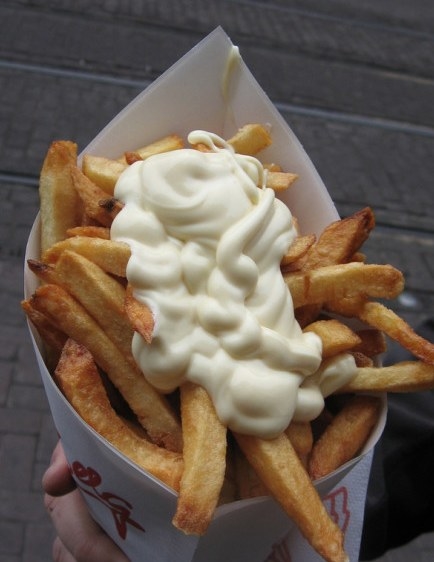 The Belgians, French, and Germans put Mayo on French Fries. Mayo and I have a strange relationship. I have to close my eyes when spreading mayo across my bread for my BLT or else I will gag like Josh from Big trying Caviar for the first time. Putting it on French Fries? Veteran Social Food Assassin move indeed.
