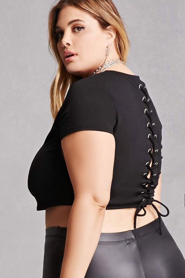 Show that you're business in the front, but a party in the back when you wear this laced-up crop.