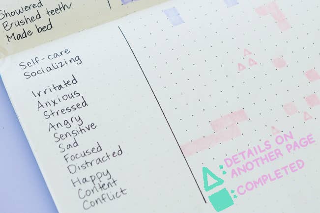 Bullet journals (basically a mix between a to-do list, planner, and diary) are amazing for tracking tasks, thoughts, activities, and life events, so they lend themselves really well to recording info about your mental health. Find out how to use one here.