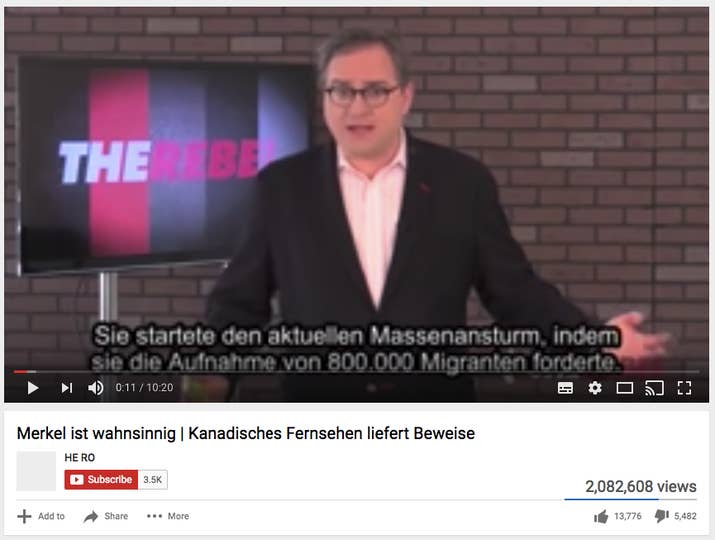 Although Ezra Levant of The Rebel is highly critical of Merkel in the video, he does not label her “insane” — the German version simply added that to the headline.