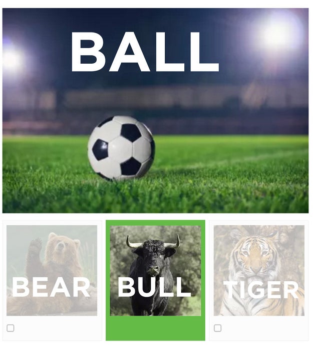 For each question below, you must choose the animal that is one letter off from what's in the photo. Example: BALL -&gt; BULL.