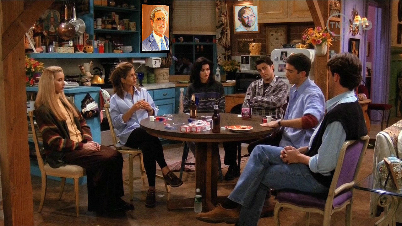 Neat! Paintings from George W. Bush's "Portraits of Courage" did in fact make it in to a couple of scenes from Friends. Here the art pictured hanging in the backdrop of Monica and Rachel's shared apartment while a fun game of poker takes place in the foreground. A move quirky, but not as quirky, as a president discounting a war he caused, resulting in casualties numbering well over 500,000 people, both Iraqi and American.