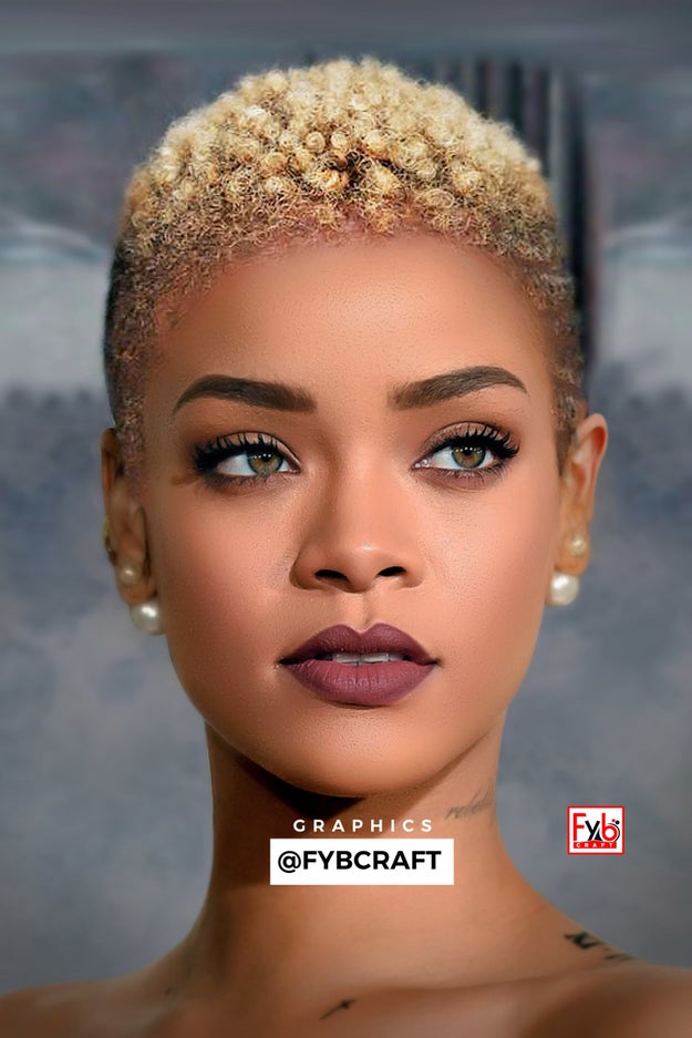 But there's one style we've never seen her rock...until now. Behold, Rihanna, slayer of the big chop!!! Graphic designer Onigbogi Olawale recently used his Photoshop skills to whip up this masterpiece.