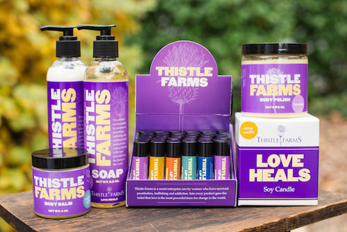 Thistle Farms sells clothing, candles, teas, bath products, and many other goods. They have a healthy cafe in Nashville, TN. Thistle Farms' mission is to HEAL, EMPOWER, AND EMPLOY women survivors of trafficking, prostitution, and addiction. They help provide safe and supportive housing, the opportunity for economic independence, and a strong community of advocates and partners.