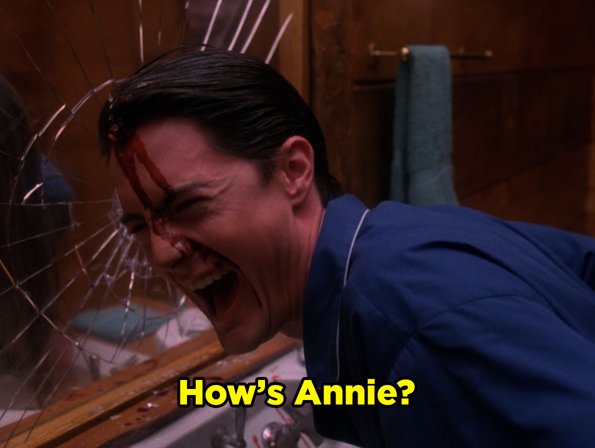 Cooper screaming &quot;How&#x27;s Annie?&quot;  in front of a broken mirror