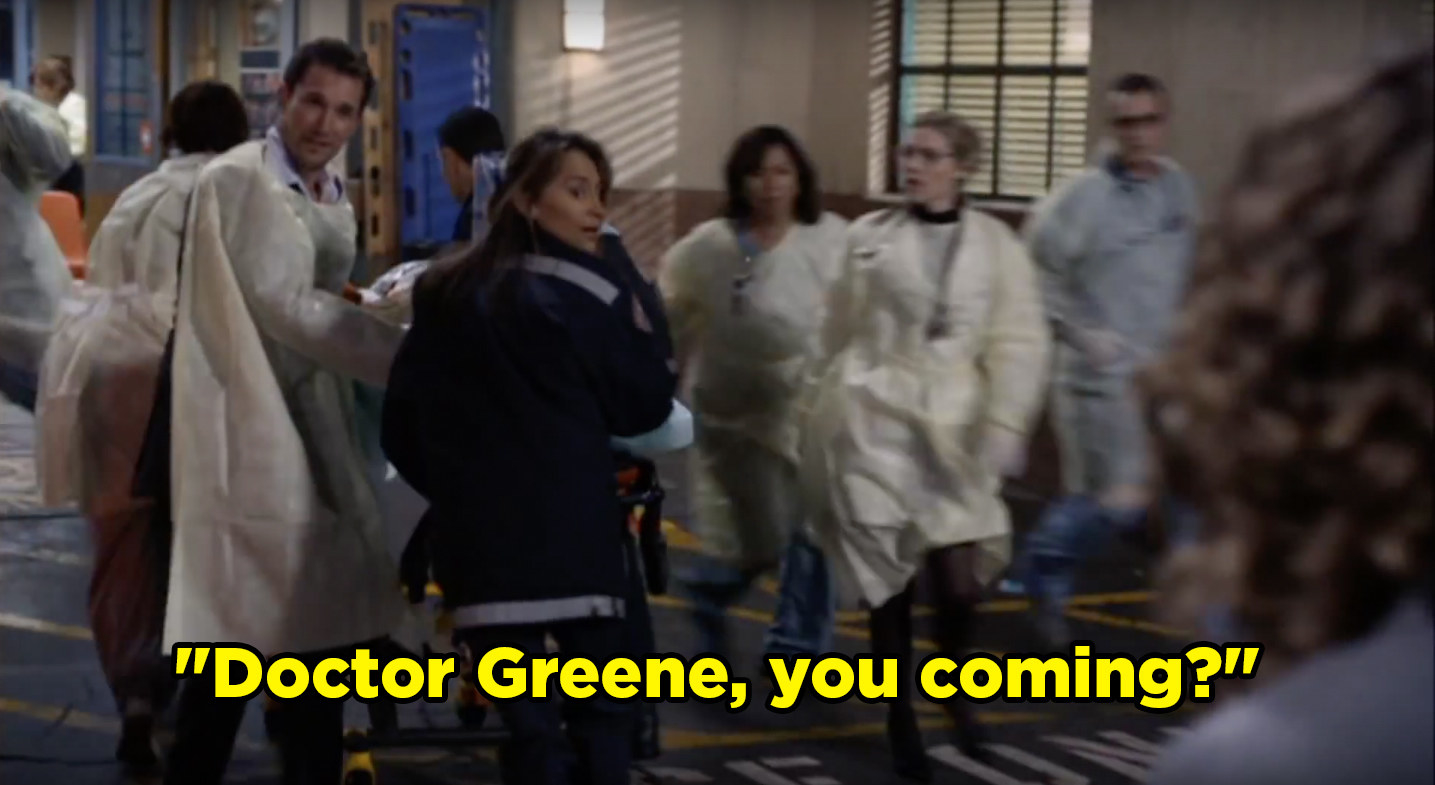 the group in the hospital as Carter asks, &quot;Doctor Greene, you coming?&quot;