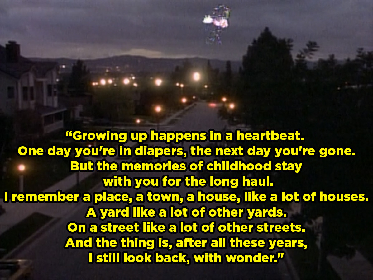 a neighborhood at night with text reading, &quot;Growing up happens in a heartbeat. One day you&#x27;re in diapers, the next day you&#x27;re gone ... And the thing is, after all these years, I still look back with wonder&quot;