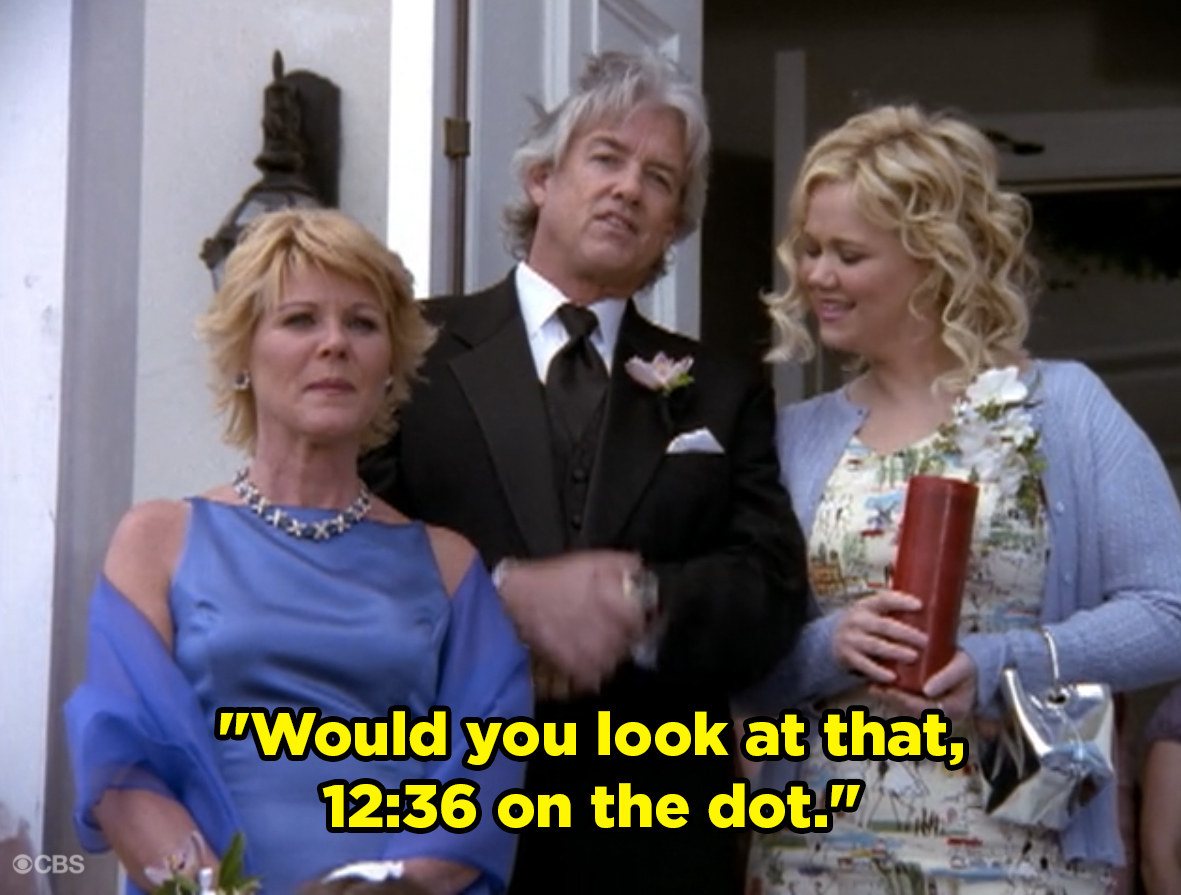 Sabrina&#x27;s aunts and dad standing outside of a church as her dad says, &quot;would you look at that, 12:36 on the dot&quot;