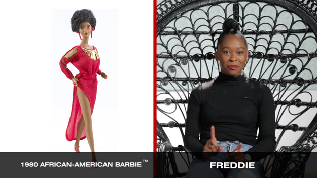 And for her Barbie transformation, Freddie chose 1980 African-American Barbie, since this was the first black doll in the Barbie universe was named Barbie, and wasn't just a sidekick or a friend.