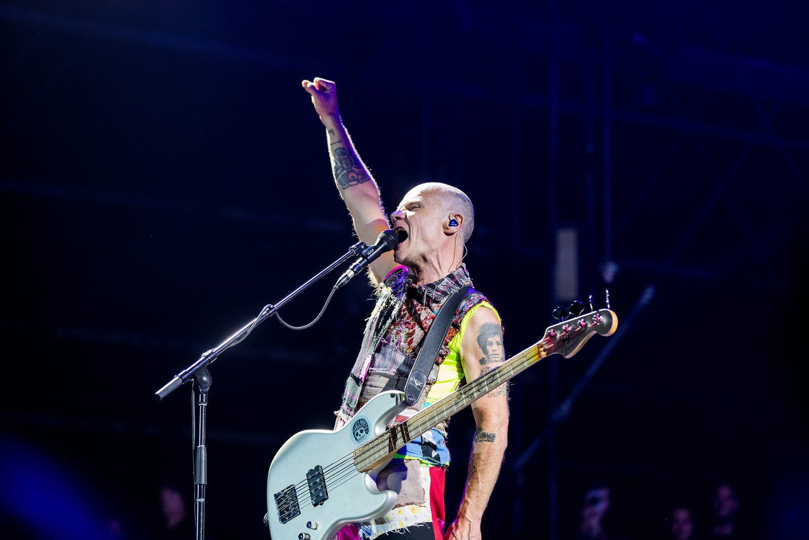 Hyper bassist Flea, guitarist Josh Klinghoffer and drummer Chad Smith initially took the stage, kicking out a funk jam. Joined by singer Anthony Kiedis, the quartet kicked out three old songs: “Around the World,” “Otherside” and “Snow (Hey Oh)” before Kiedis stepped to the microphone to make an introduction. Sporting a leopard-spotted hairdo, Flea is still the most thrilling bassist in music let it rip throughout the night under the hundreds of low-hanging cylindrical colored lights—and probably could have done an hour of instrumental hard funk jamming and blown people away.