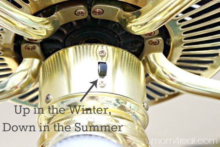 You want your fan to spin clockwise in the winter, so all the heat that rises to the ceiling is pushed back down, and counter-clockwise in the summer, so you get that skin-cooling breeze. From Mom4Real.