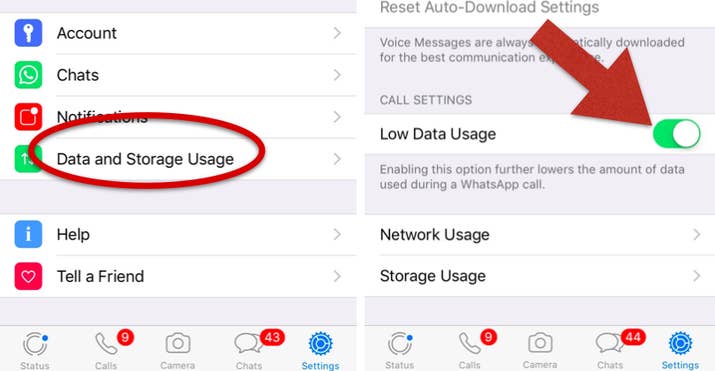 * Click "Settings" on the bottom right of your WhatsApp screen.* Click on "Data and Storage Usage".* Enable the "Low Data Usage" toggle.