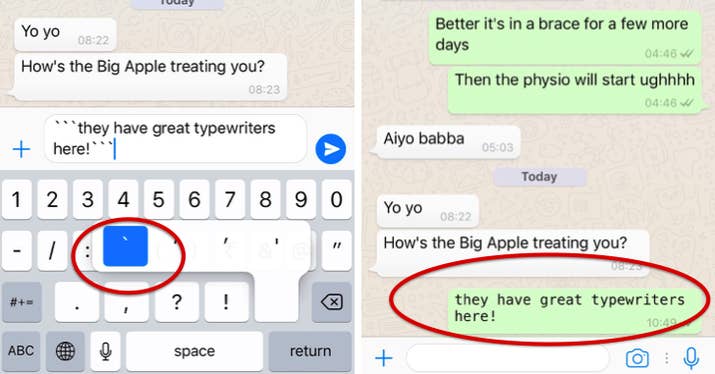 * Go to the punctuations tab on your chat, and enclose your message with three of the ` character on either side. (It's on the second page of punctuation marks for Android users, while iPhone users can find it by long-pressing the apostrophe character)* Send the message, and it'll go through in a typewriter font.* Say things like "Aaaaaa I just know deez tings, fam" when someone asks you how in blazes you did that shit.