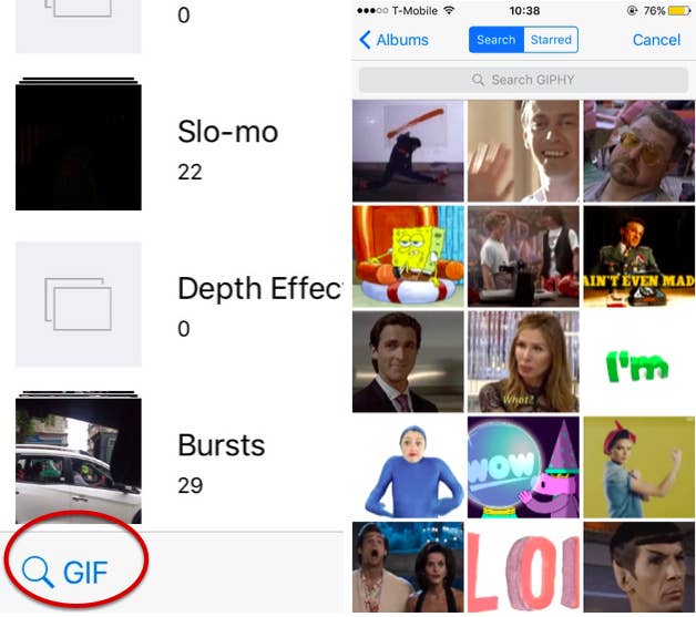 Who knew that WhatsApp had a gigantic library of GIFs, and it was right under our noses all this time?* Go to any chat, and click the "+" icon on the bottom left.* Click on "Photo & Video Library" from the popup menu.* Click on "GIF" on the bottom left to unleash a plethora of reaction GIFs.