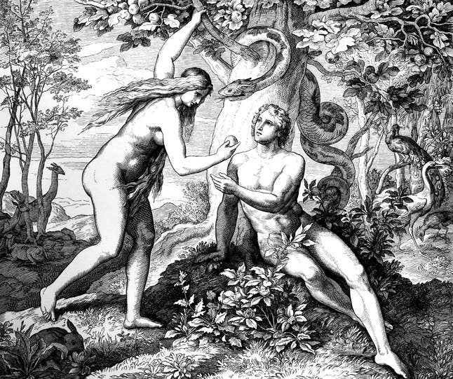 The book of Genesis mentions that the fruit came from a tree, but it doesn't say what kind of fruit, or what kind of tree. Apples started being associated with the story around the 12th century, possibly because of a Latin pun wherein the word "malus" means both "apple" and "evil."