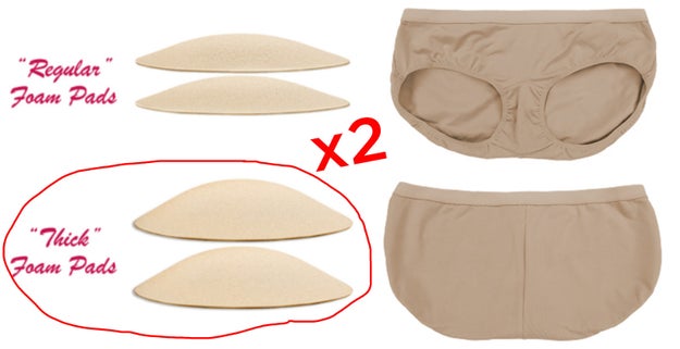 First up was the BubbleBuns Padded Bikini Panty from Bubbles Bodywear. This pair retails for $34.00 and comes with a set of size regular foam pads that you insert into the panty pockets. I wanted max ass, tho, so I ordered four of the next size up, "thick," and inserted two in each pocket.
