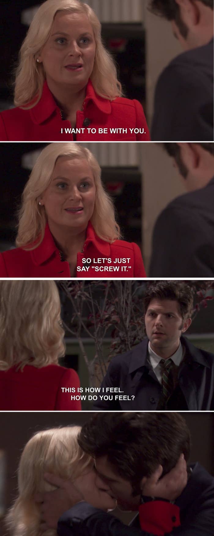 "Leslie tells Ben she doesn't care about the consequences of being together and just wants to be with him, and he kisses her." —jessmkaaa