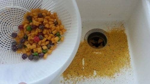 You don't even have to do extra dishes: Just put the cereal in a bowl, and rinse the colander and sink. From here.