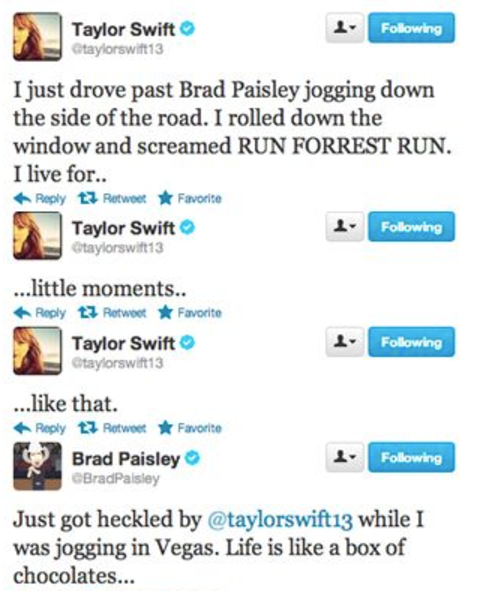 taylor saying she drove past braid paisley blasting little moments and brad responding that he got heckled