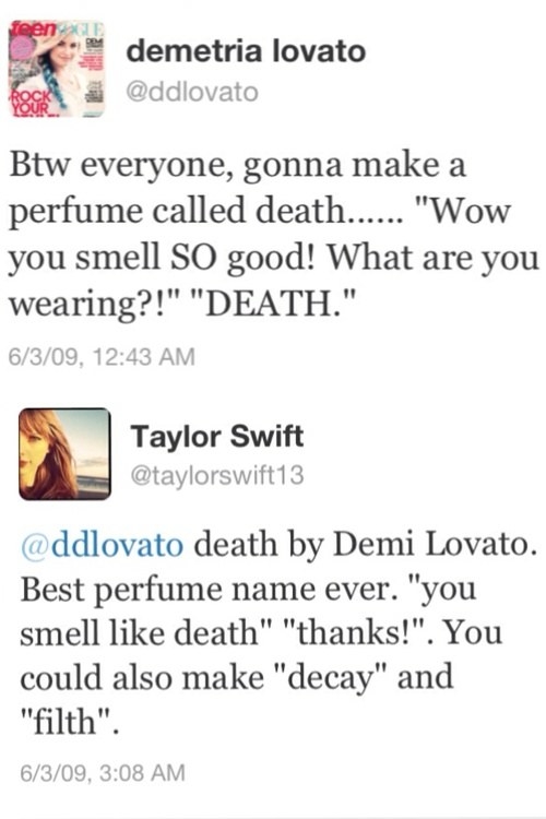 demi tweeting about a perfume called death and taylor saying she should call it decay or filth