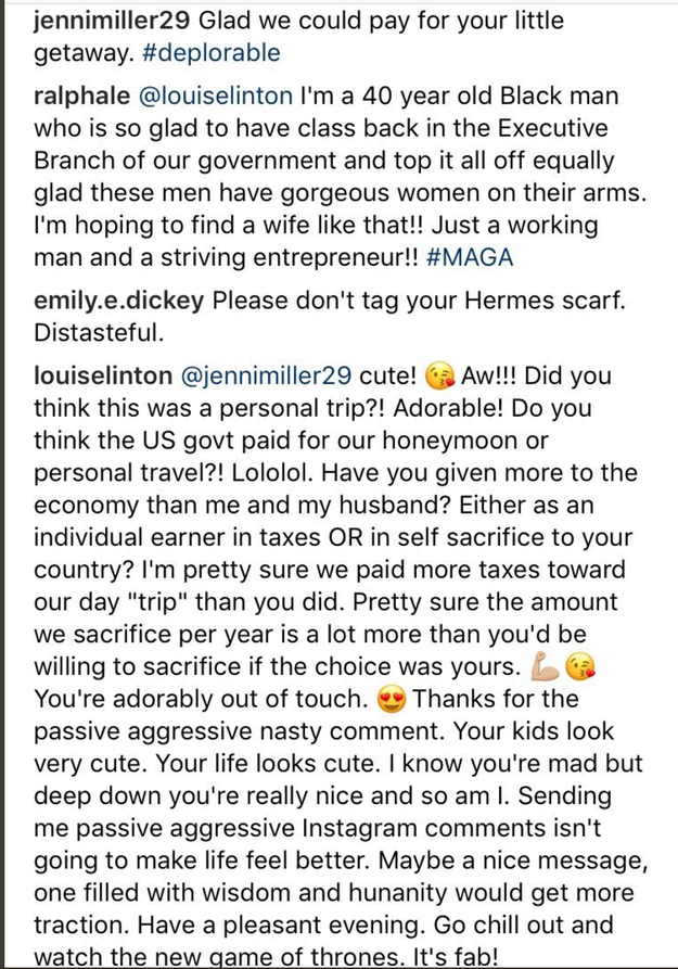 And THEN she GOT INTO IT with a commenter named Jenni who called her out for (apparently) using taxpayer money for her #DayTrip.