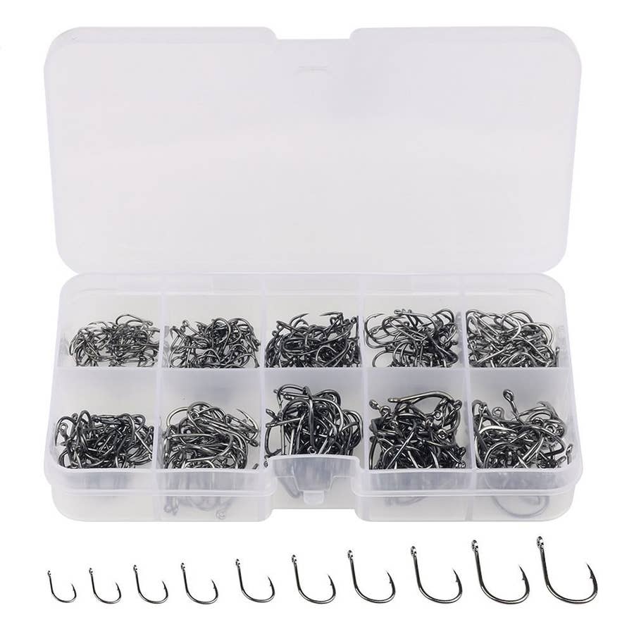 500PCS Small Fishing Hooks, Assorted 10 Sizes(3#-12#) Fish Hooks Portable  Plastic Box, Strong Sharp Fishhook with Barbs for Freshwater/Seawater